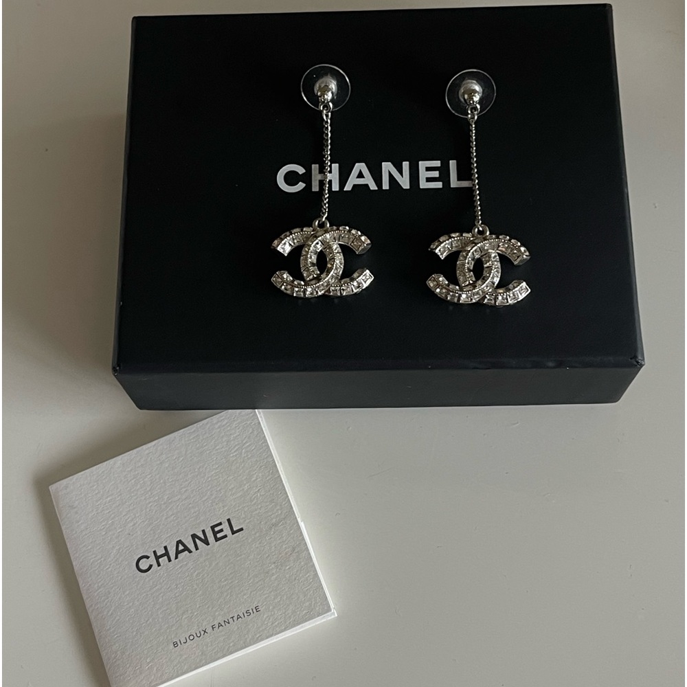 CHANEL Crystal CC Drop Earrings Silver